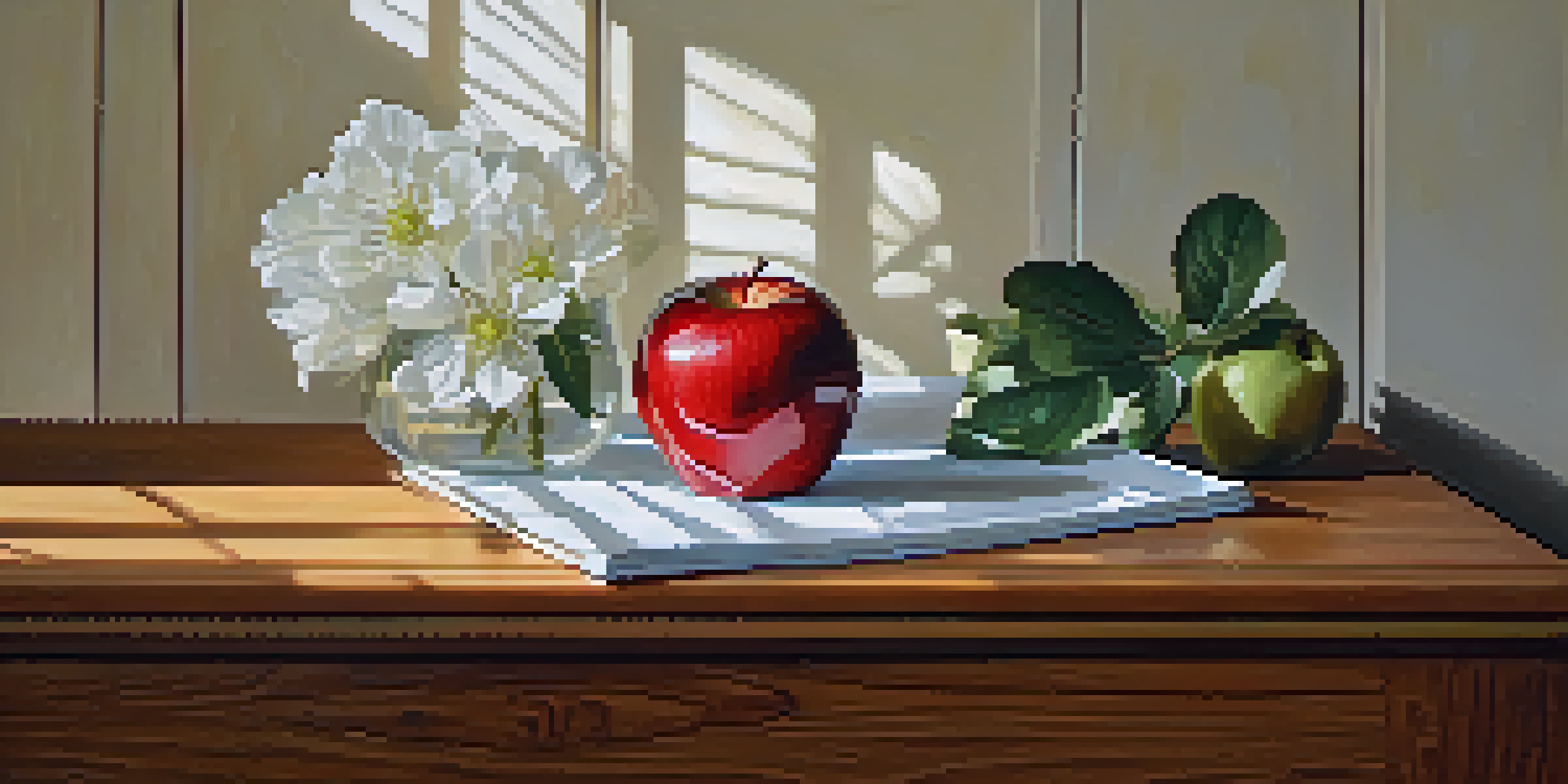 A still life arrangement with a red apple and a white flower on a wooden table, showcasing depth and soft natural lighting.