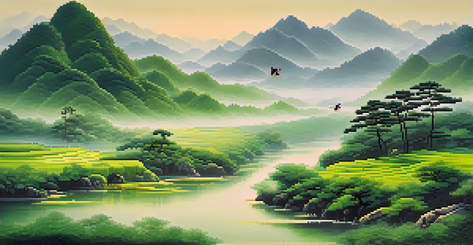 A peaceful landscape featuring misty mountains, a calm river, and pine trees, illuminated by warm morning light.