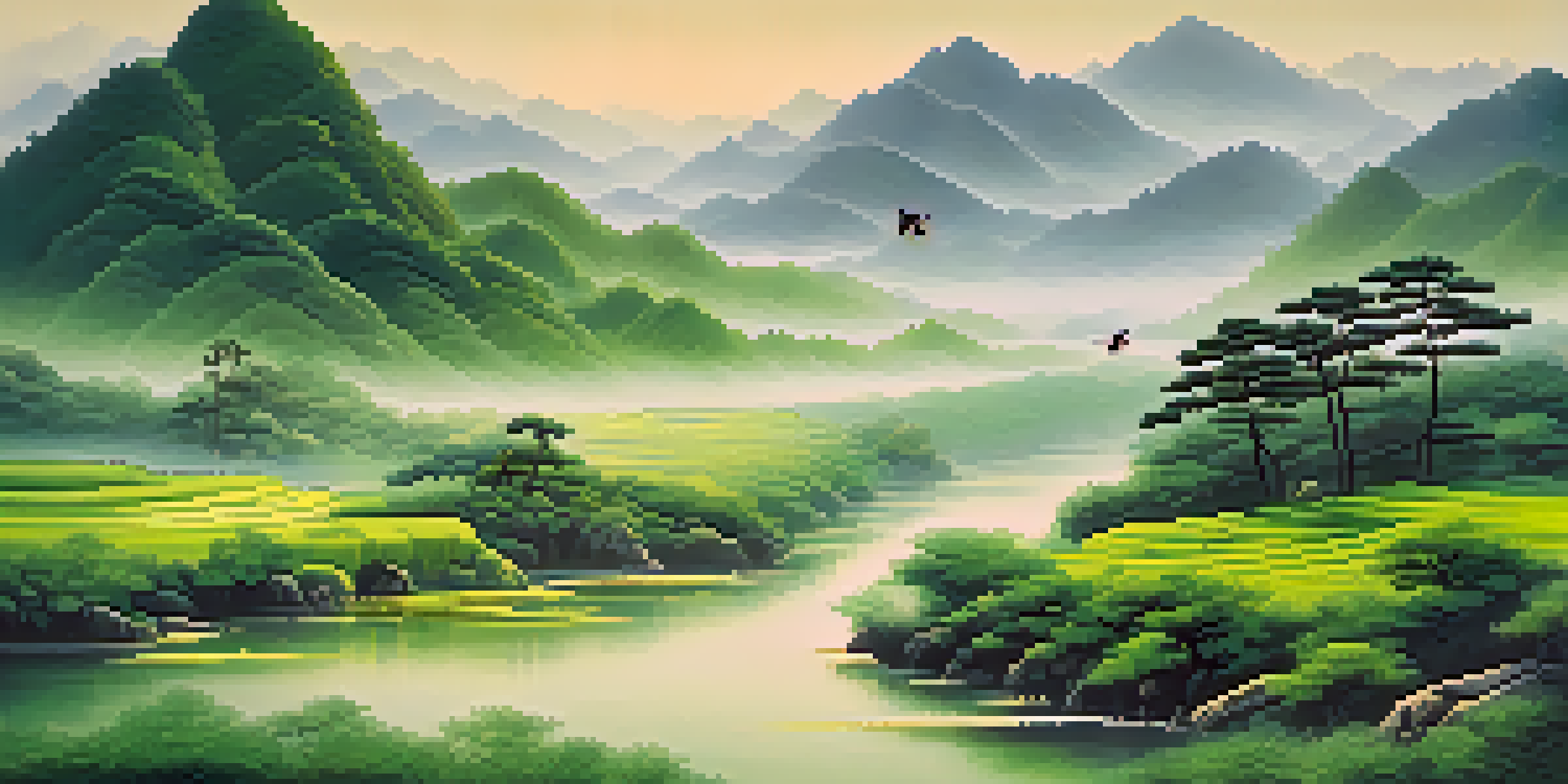 A peaceful landscape featuring misty mountains, a calm river, and pine trees, illuminated by warm morning light.