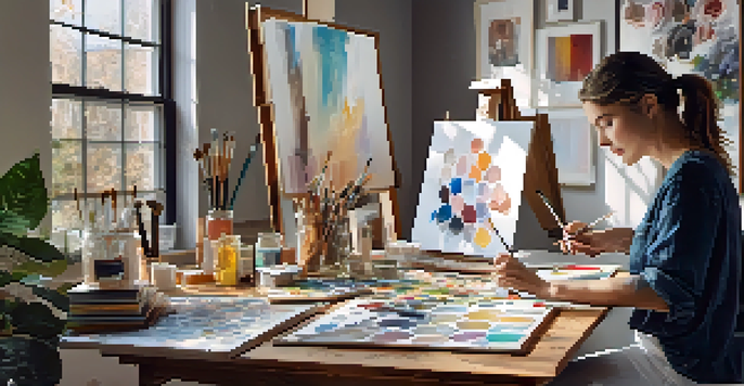 An artist painting in a bright studio filled with art supplies and framed artworks, with a smartphone displaying an art feed.