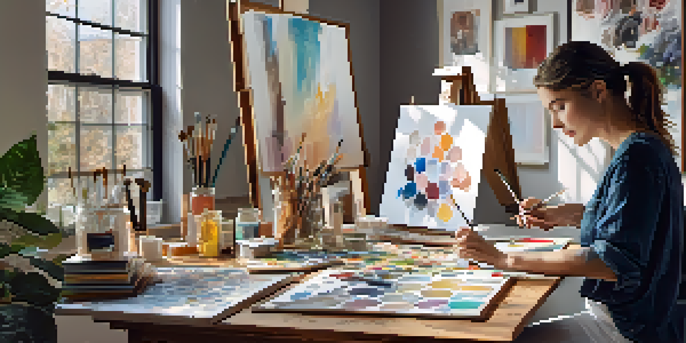 An artist painting in a bright studio filled with art supplies and framed artworks, with a smartphone displaying an art feed.