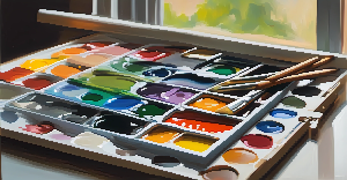 An artist's palette with colorful acrylic paints and brushes next to a blurred abstract painting on a canvas.