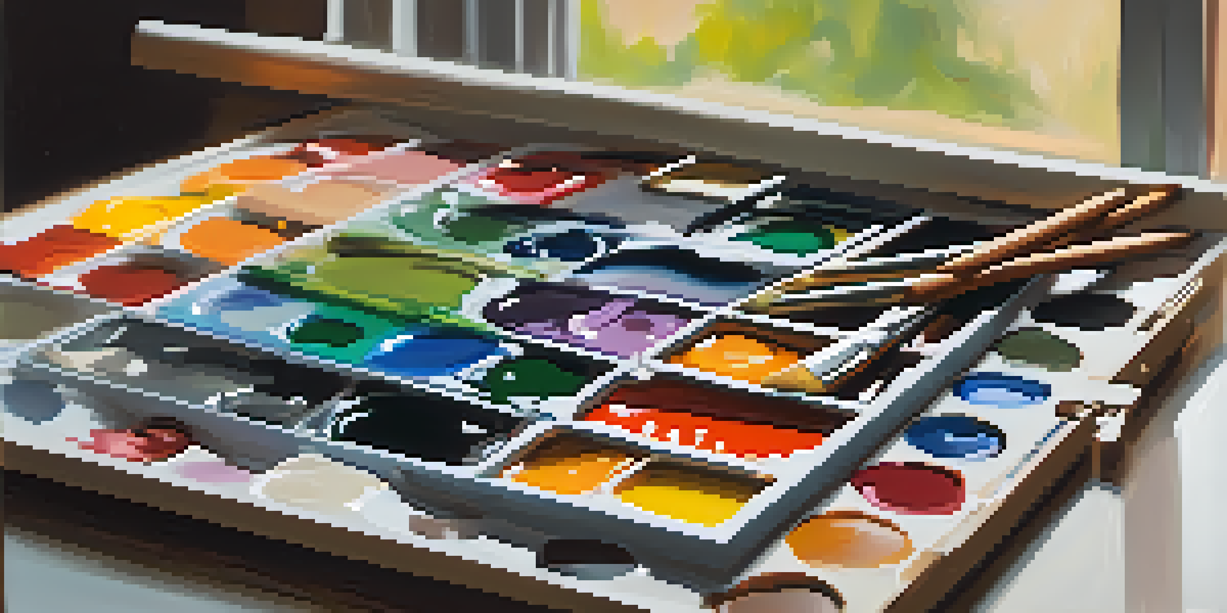 An artist's palette with colorful acrylic paints and brushes next to a blurred abstract painting on a canvas.
