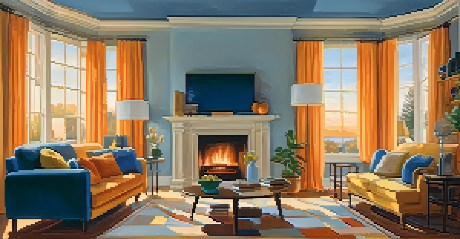 A warm and inviting living room with a sofa and a fireplace, reflecting comfort and warmth.