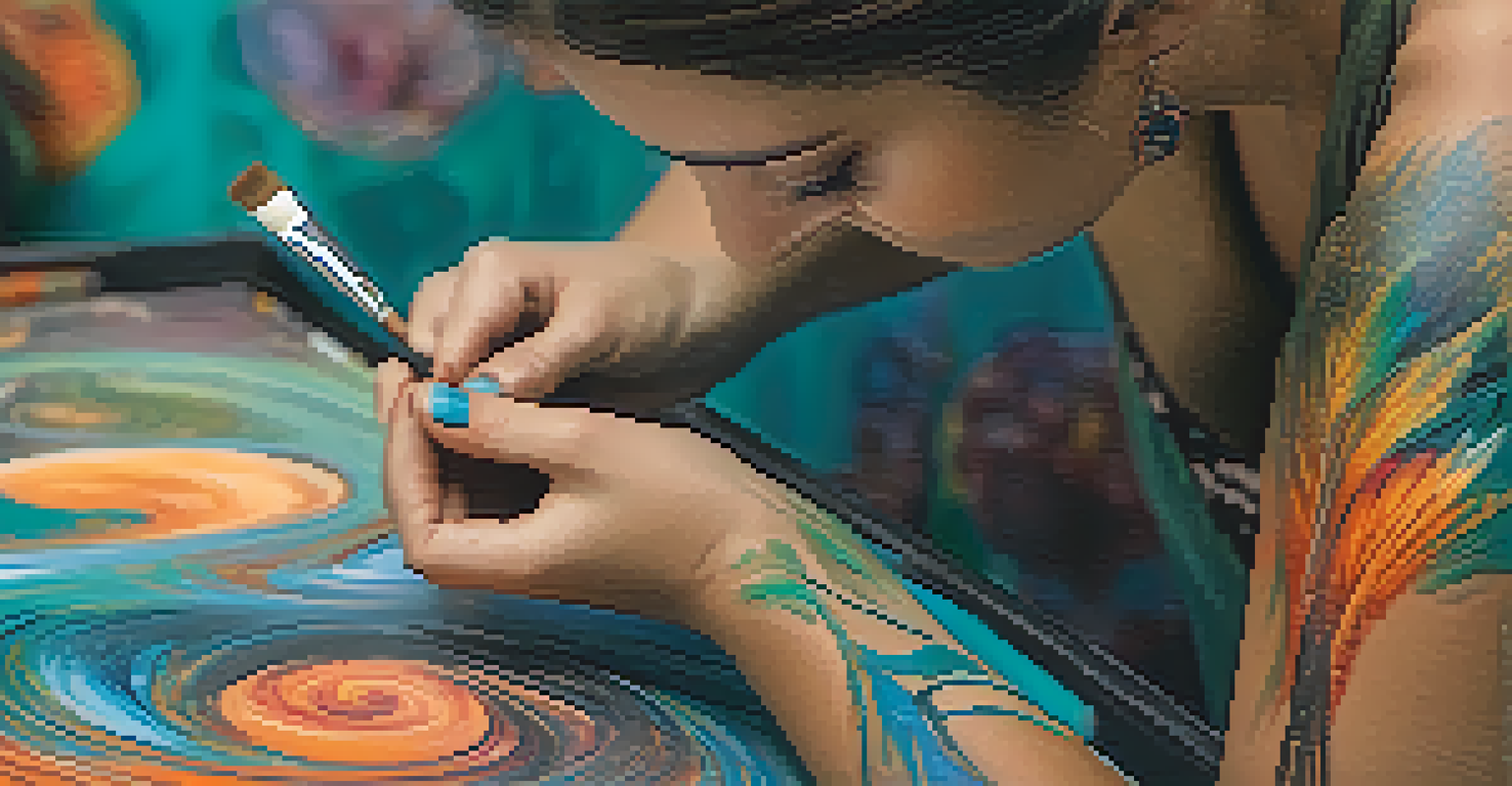 A close-up of a body painter applying eco-friendly paint on a model's skin, showcasing vibrant abstract designs.