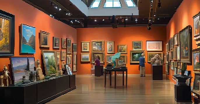 An art gallery bustling with people admiring colorful artworks and sculptures under warm lighting.