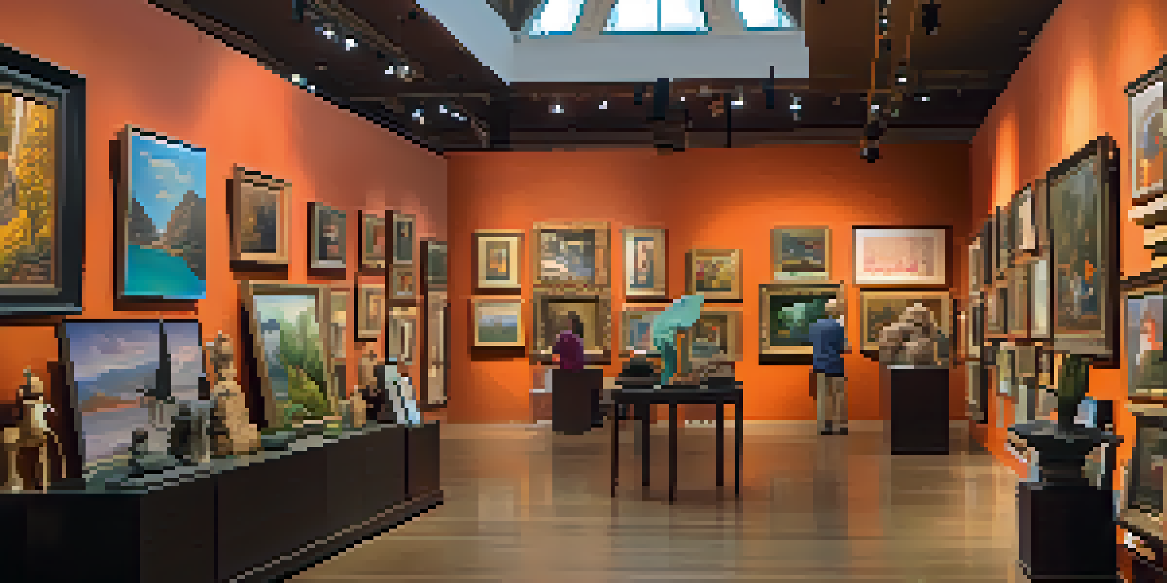 An art gallery bustling with people admiring colorful artworks and sculptures under warm lighting.