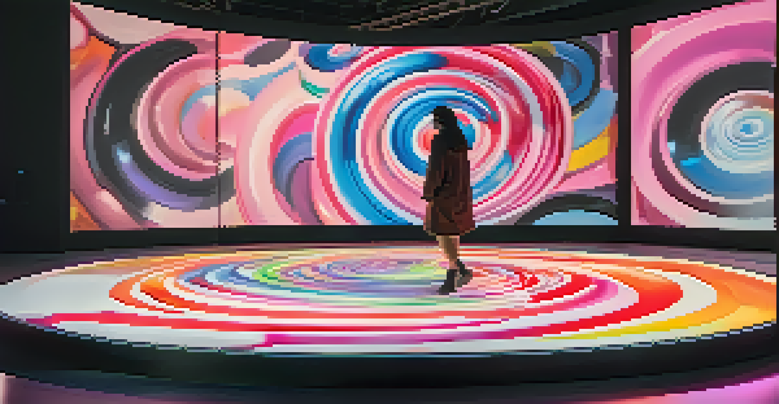 An artist in a modern exhibition space, surrounded by traditional art and dynamic digital projections of their work, creating a vibrant and immersive experience.