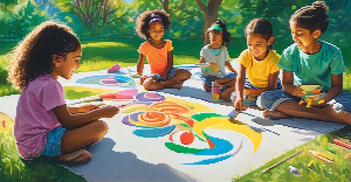 Children of various ethnic backgrounds happily collaborating on a large mural, surrounded by nature, with sunlight filtering through trees.