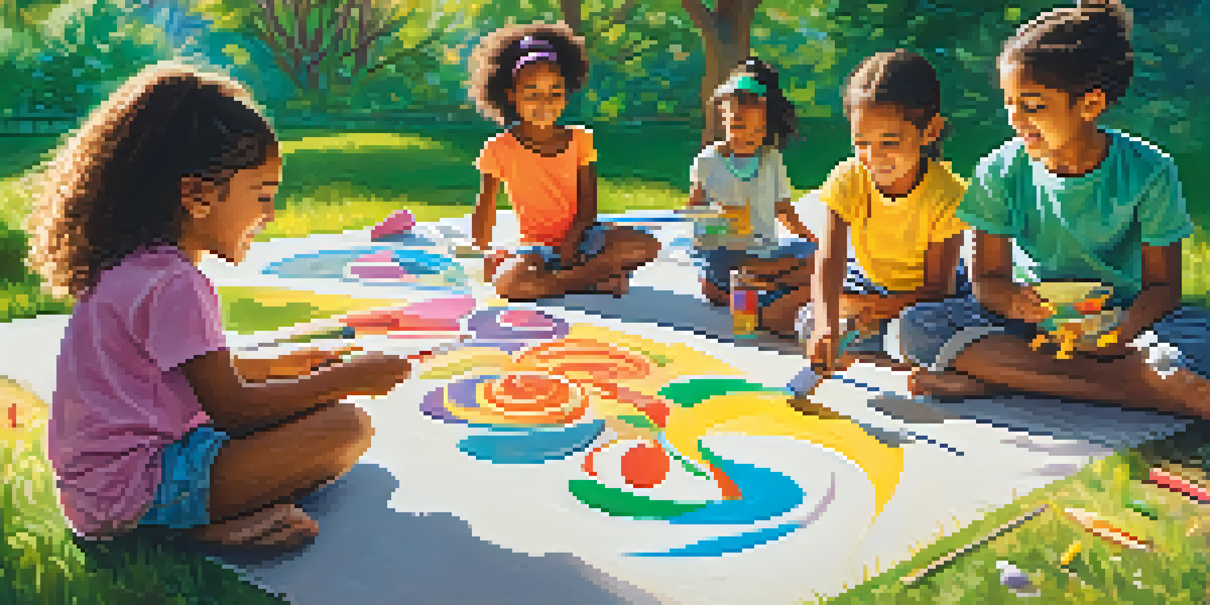 Children of various ethnic backgrounds happily collaborating on a large mural, surrounded by nature, with sunlight filtering through trees.