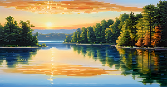 A peaceful landscape at dawn with a lake reflecting the colorful sky and surrounded by green trees.