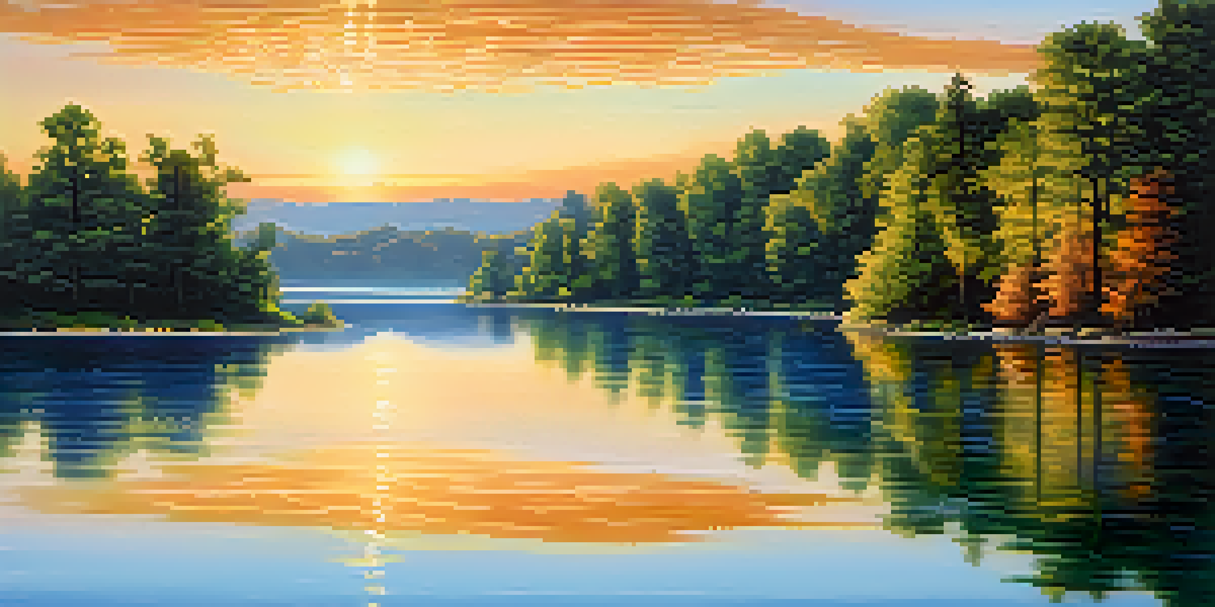 A peaceful landscape at dawn with a lake reflecting the colorful sky and surrounded by green trees.