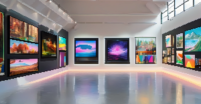 A modern digital art gallery filled with colorful NFTs displayed on screens, with artists and collectors interacting.