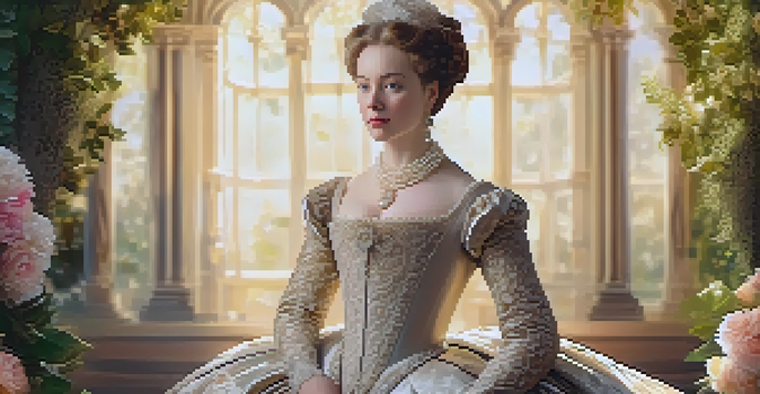 A detailed portrait of a 17th-century noblewoman in an ornate gown, with a lush garden behind her illuminated by golden sunlight.