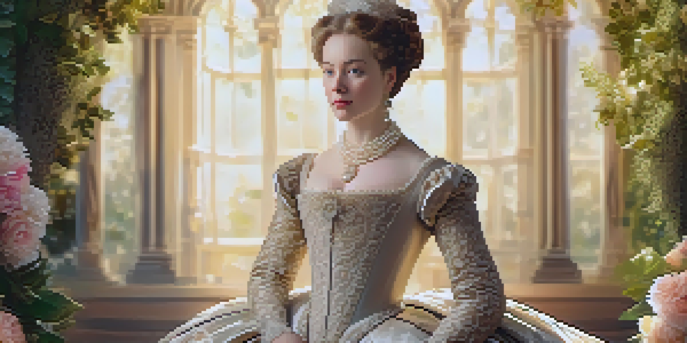 A detailed portrait of a 17th-century noblewoman in an ornate gown, with a lush garden behind her illuminated by golden sunlight.