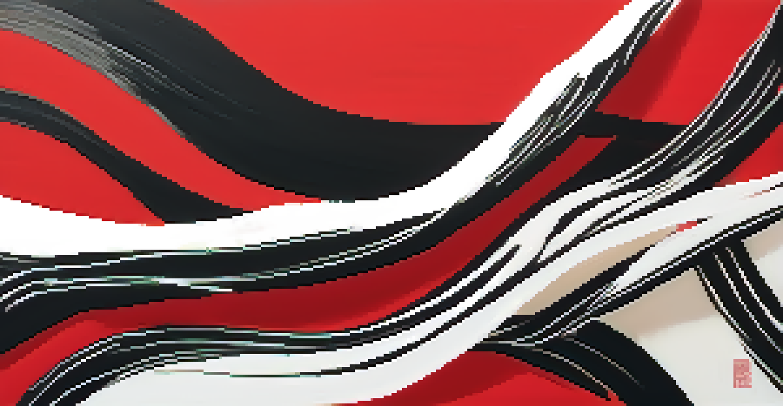 An abstract artwork showcasing bold black calligraphic strokes on a bright red background, emphasizing movement and negative space.