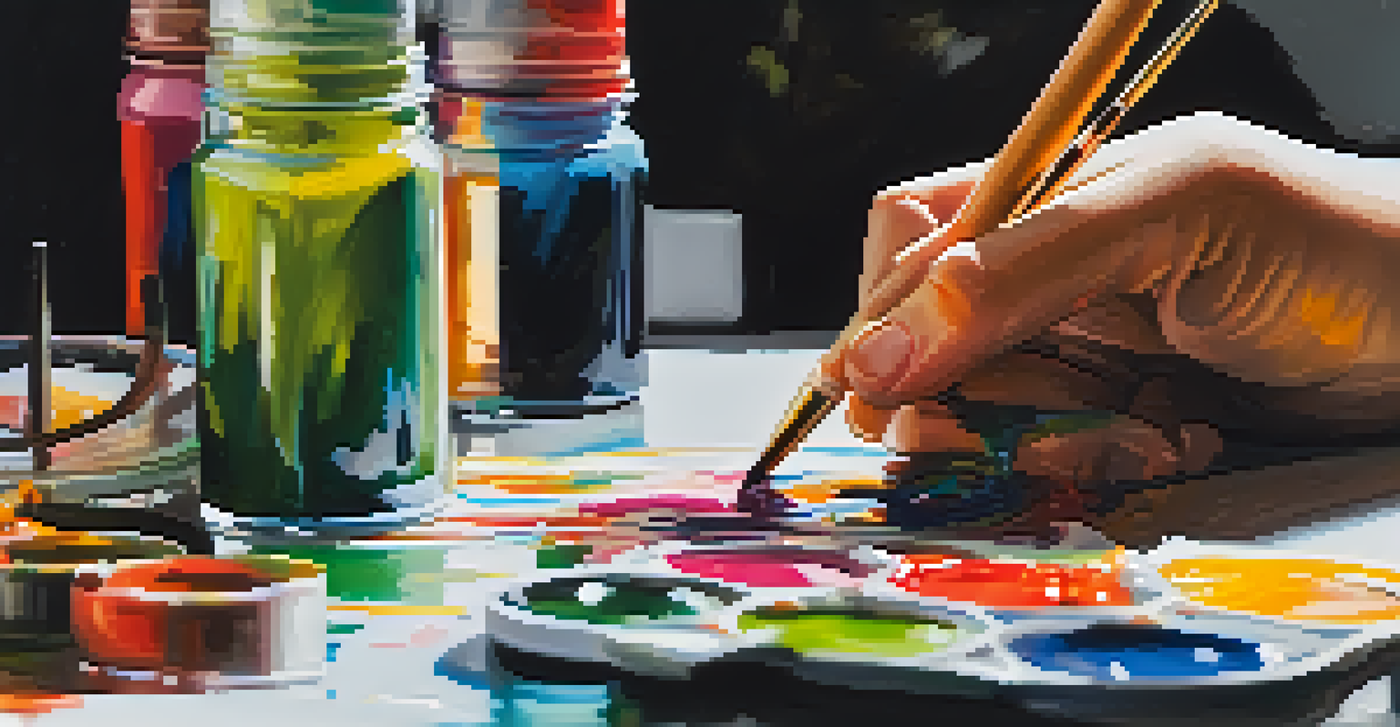 A close-up of hands blending colors on a canvas with a palette knife, surrounded by art supplies.