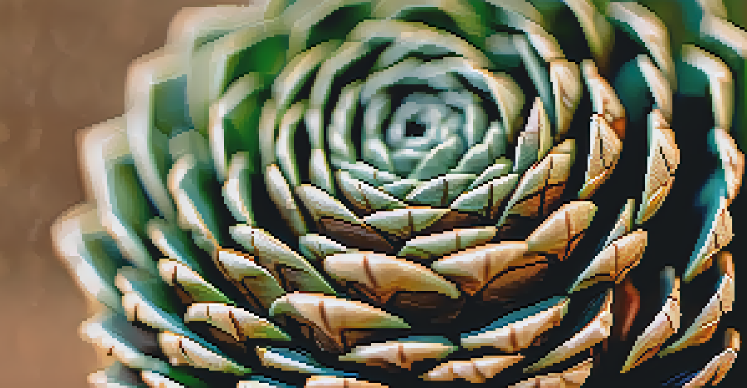 A close-up of a pinecone highlighting its geometric patterns and textures in earthy colors.