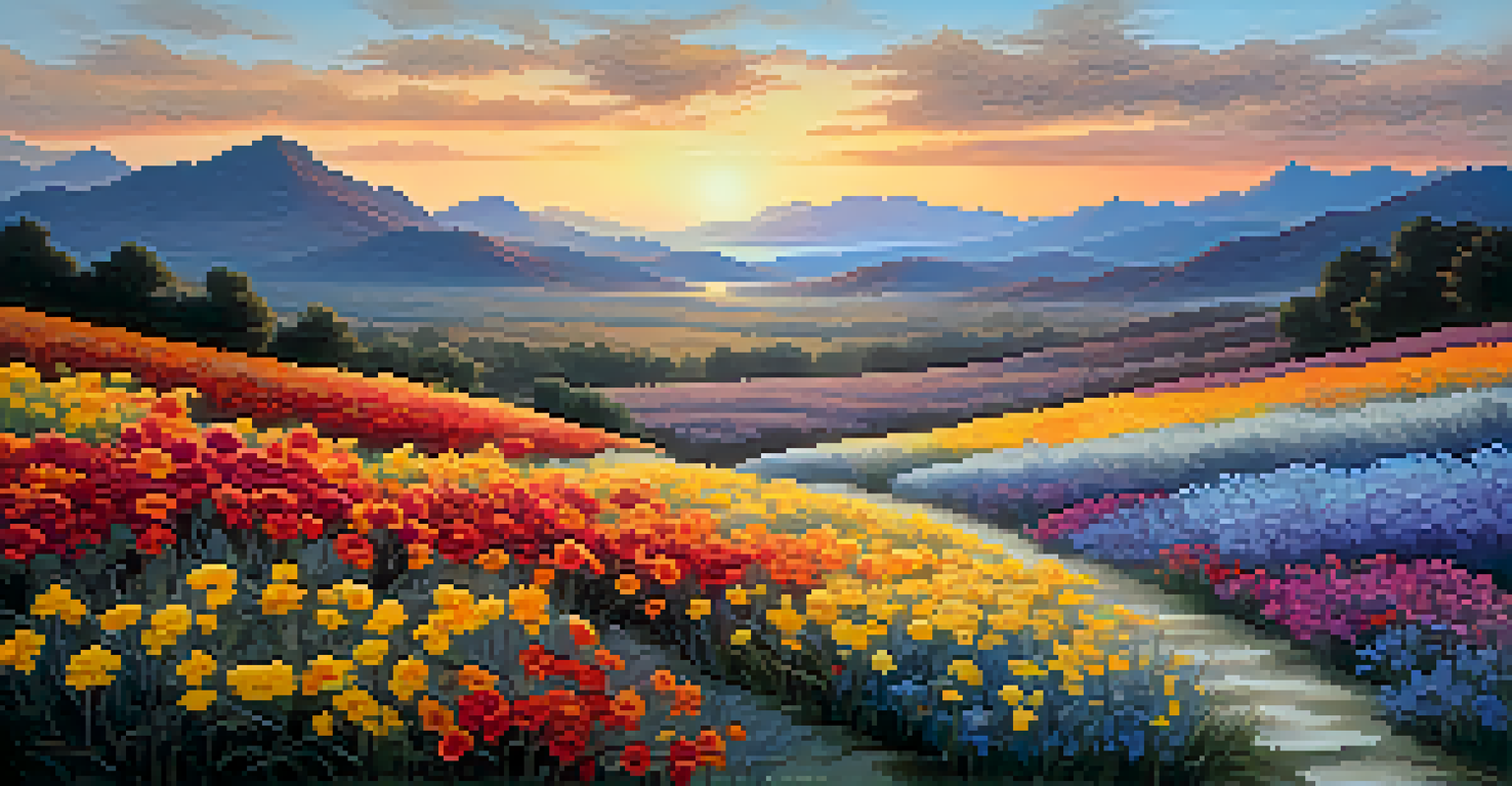 A tranquil sunset landscape painting using warm and cool analogous colors with blooming flowers in the foreground.