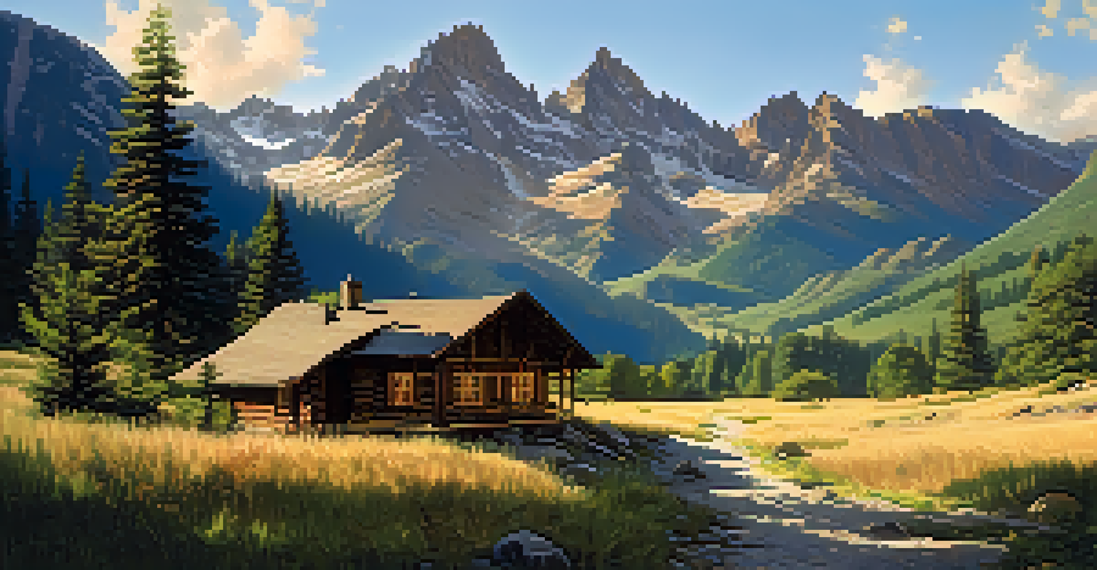 A magnificent mountain landscape with sunlight illuminating the peaks, lush greenery, and a small cabin, evoking feelings of awe and tranquility.