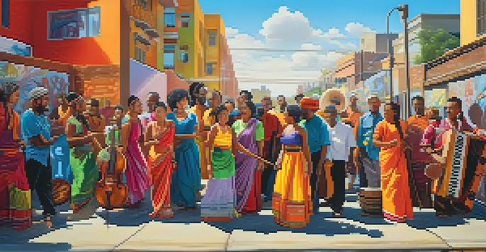 A colorful mural featuring people from different cultures engaging in art, surrounded by urban graffiti.