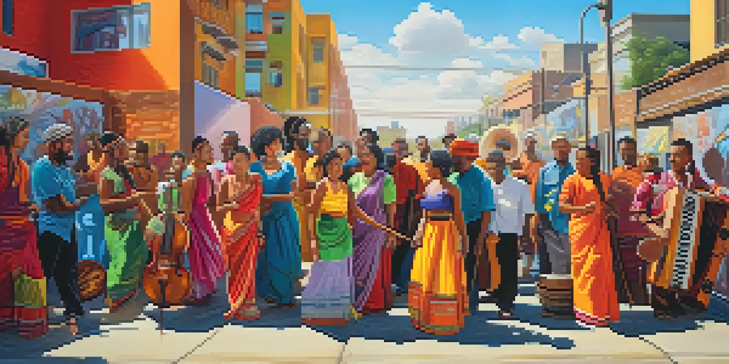 A colorful mural featuring people from different cultures engaging in art, surrounded by urban graffiti.