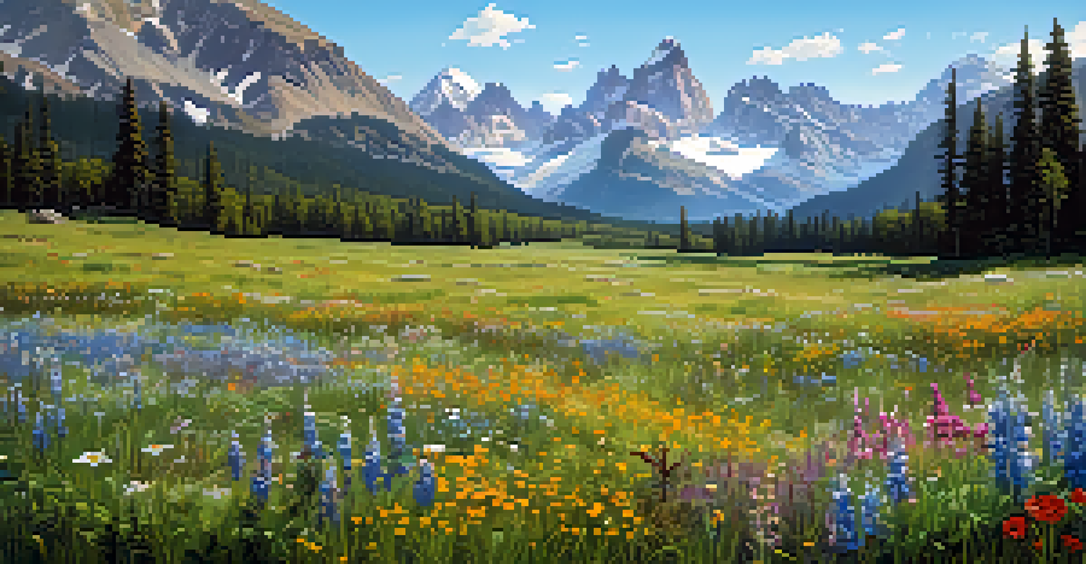 A colorful meadow with wildflowers and snow-capped mountains in the background, featuring a group of people exploring the landscape.