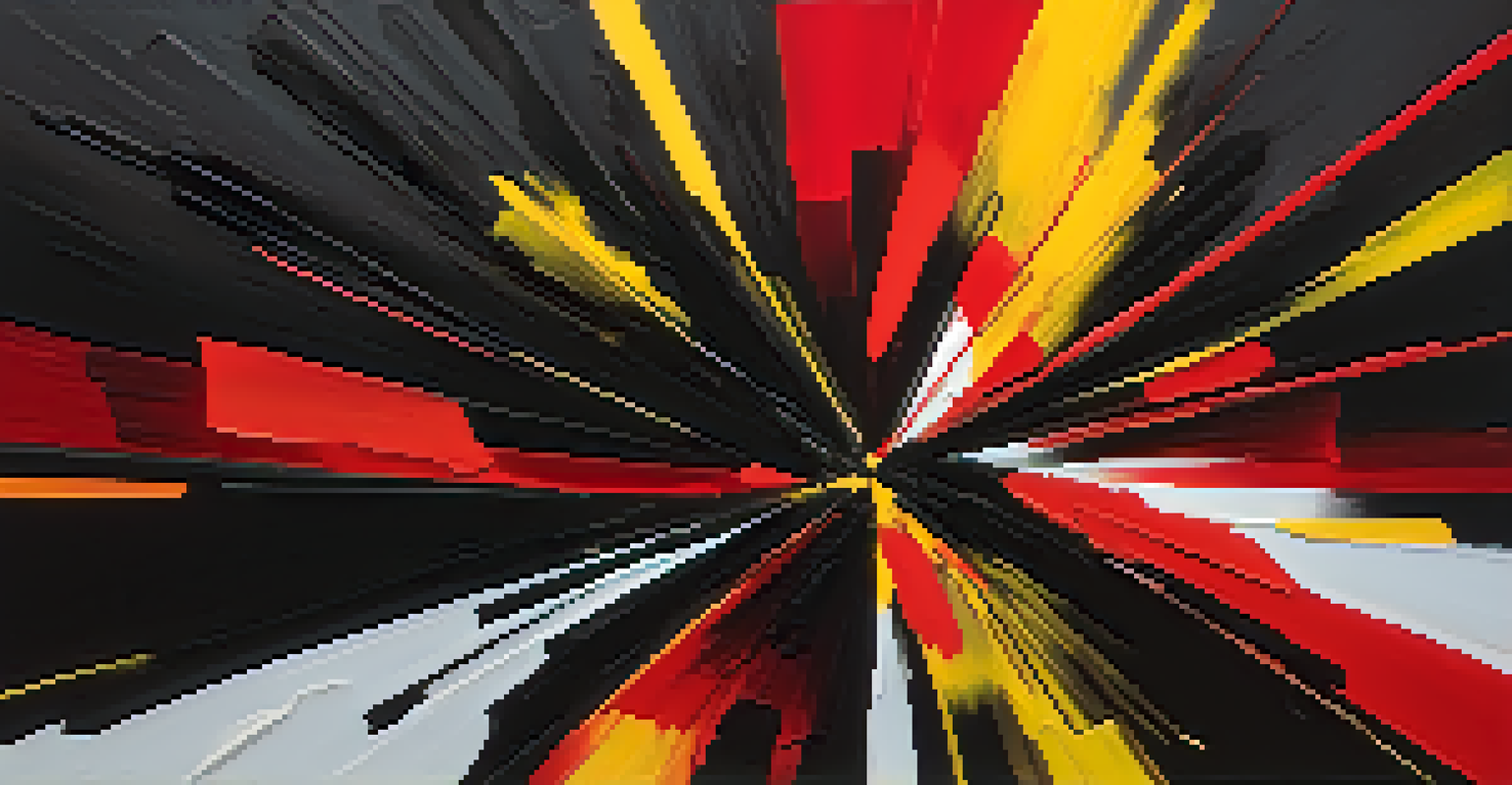 An abstract painting with bold black strokes and vibrant colors like red and yellow, creating a dynamic composition.
