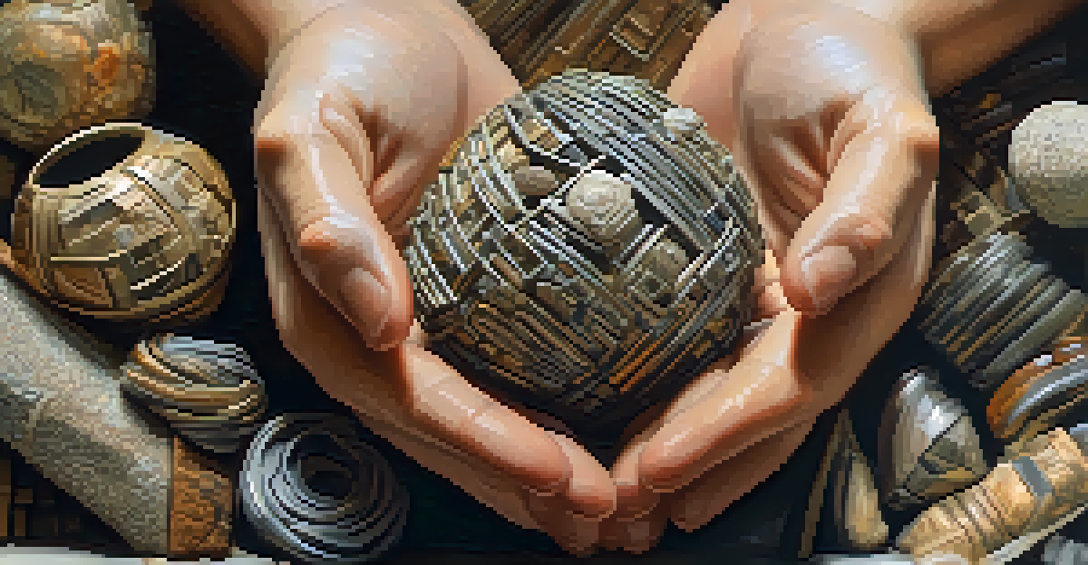 A close-up of hands holding a unique sculpture made from recycled materials, with a blurred background of other artworks.