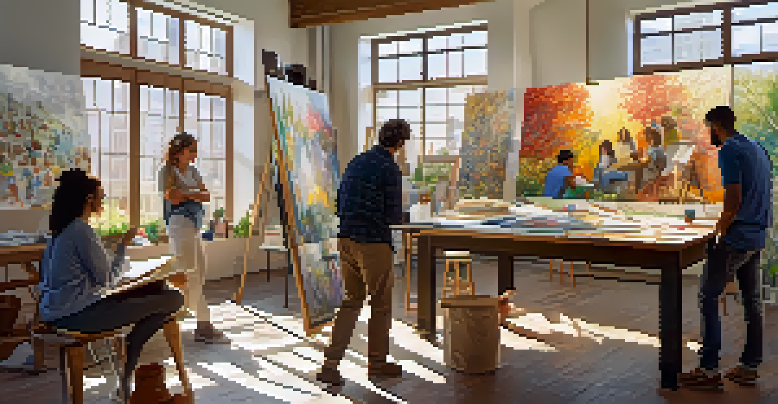 A diverse group of artists working together in a bright studio, collaborating on a mural with sketches and color palettes around them.