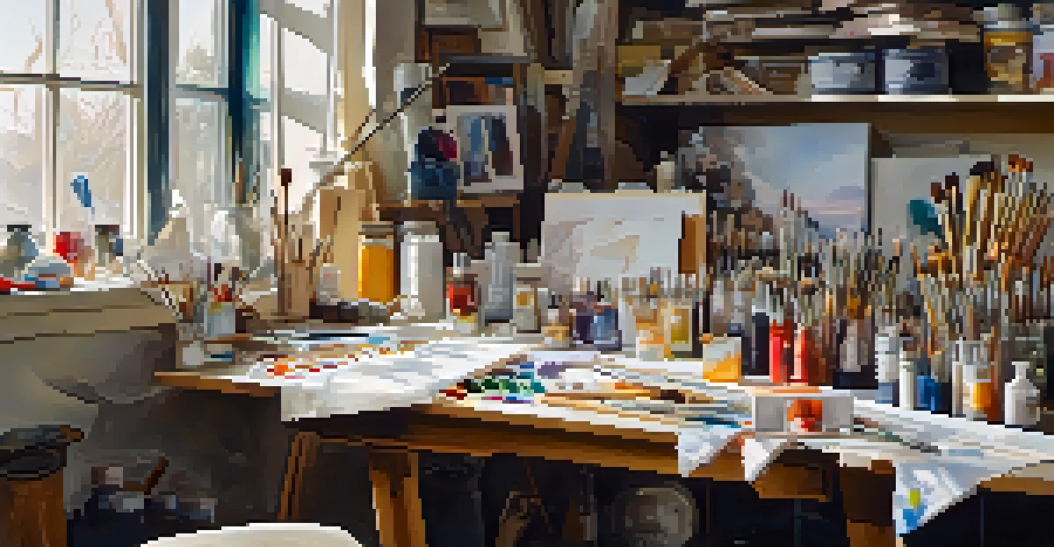A creative art studio filled with mixed media supplies and an unfinished canvas, illuminated by sunlight.