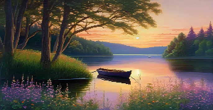 A tranquil lakeside view at sunset with a small boat on calm water and colorful sky reflections.