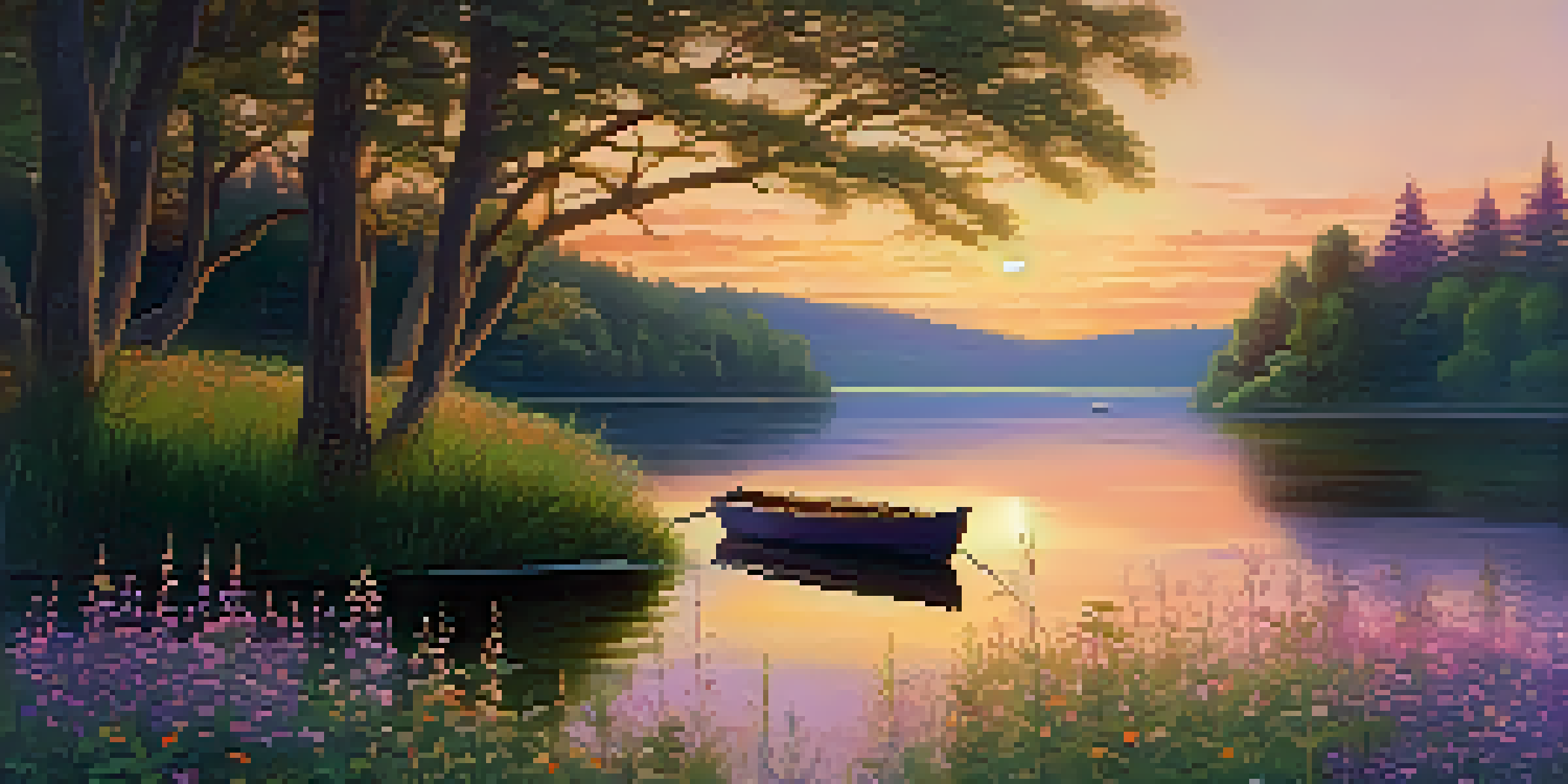 A tranquil lakeside view at sunset with a small boat on calm water and colorful sky reflections.
