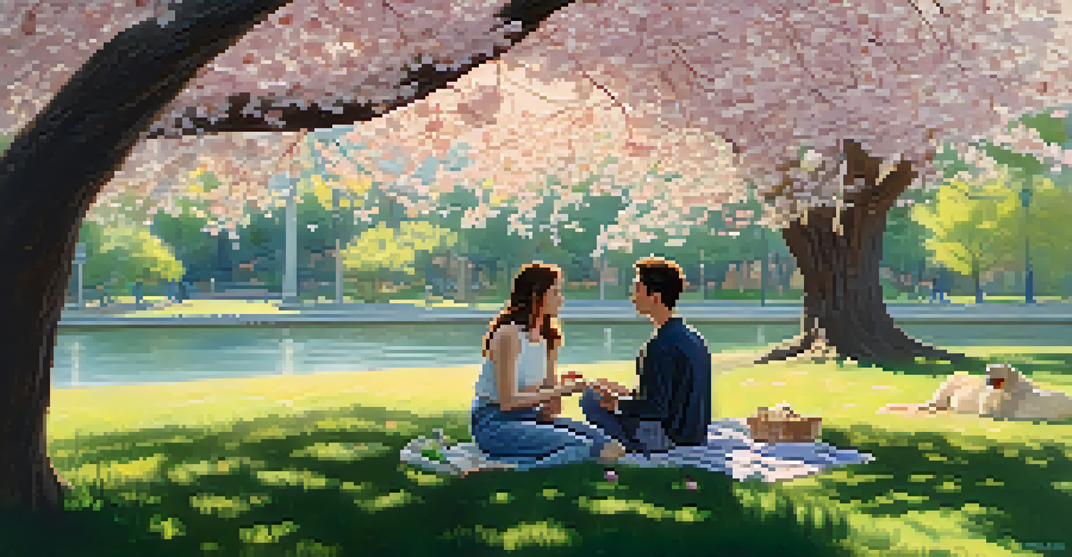 A peaceful landscape painting of an LGBTQ+ couple having a picnic under a cherry tree, with soft pastel colors and gentle sunlight filtering through the branches.