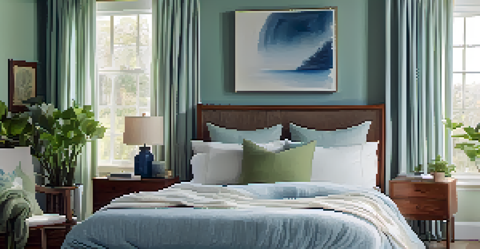 A tranquil bedroom with walls in soft blue and green tones, natural light coming through curtains, a neatly made bed with textured pillows, and a small indoor plant on the table.