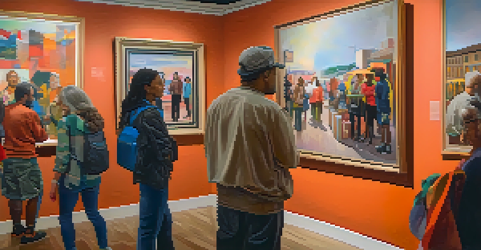 An art gallery filled with diverse artworks and people discussing art, with warm lighting and colorful paintings reflecting social themes.
