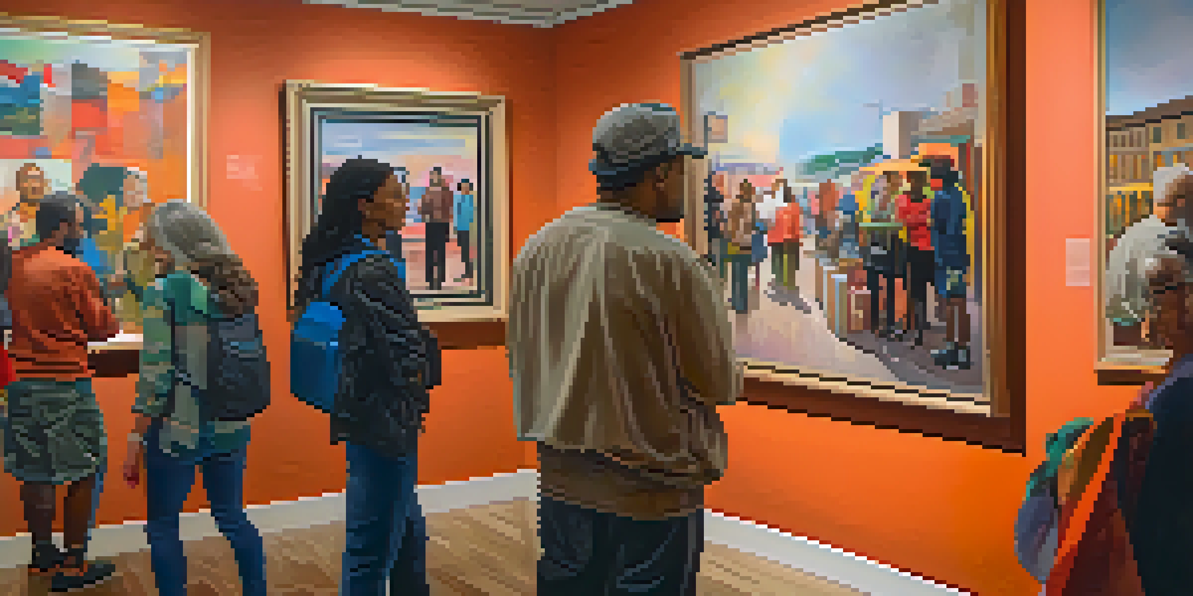 An art gallery filled with diverse artworks and people discussing art, with warm lighting and colorful paintings reflecting social themes.