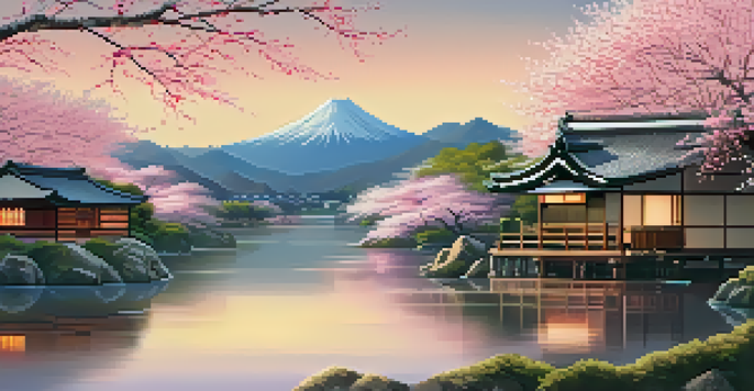 A peaceful Japanese landscape with blooming cherry blossoms, a reflective river, traditional houses, and mountains at sunset.