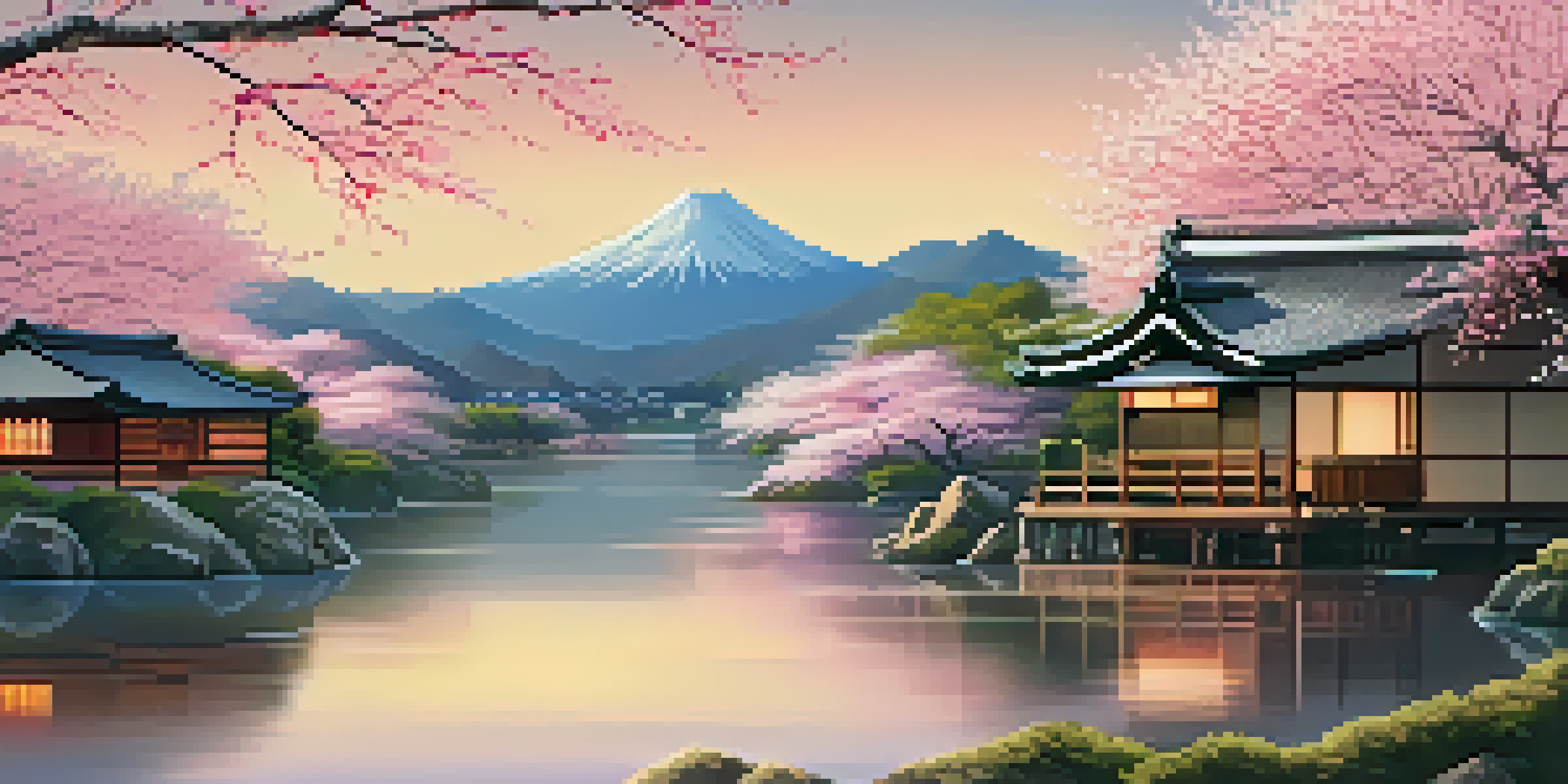 A peaceful Japanese landscape with blooming cherry blossoms, a reflective river, traditional houses, and mountains at sunset.