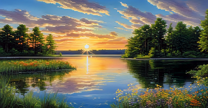 A peaceful lake scene with trees and wildflowers at sunset, reflecting the sky's colors on the water.