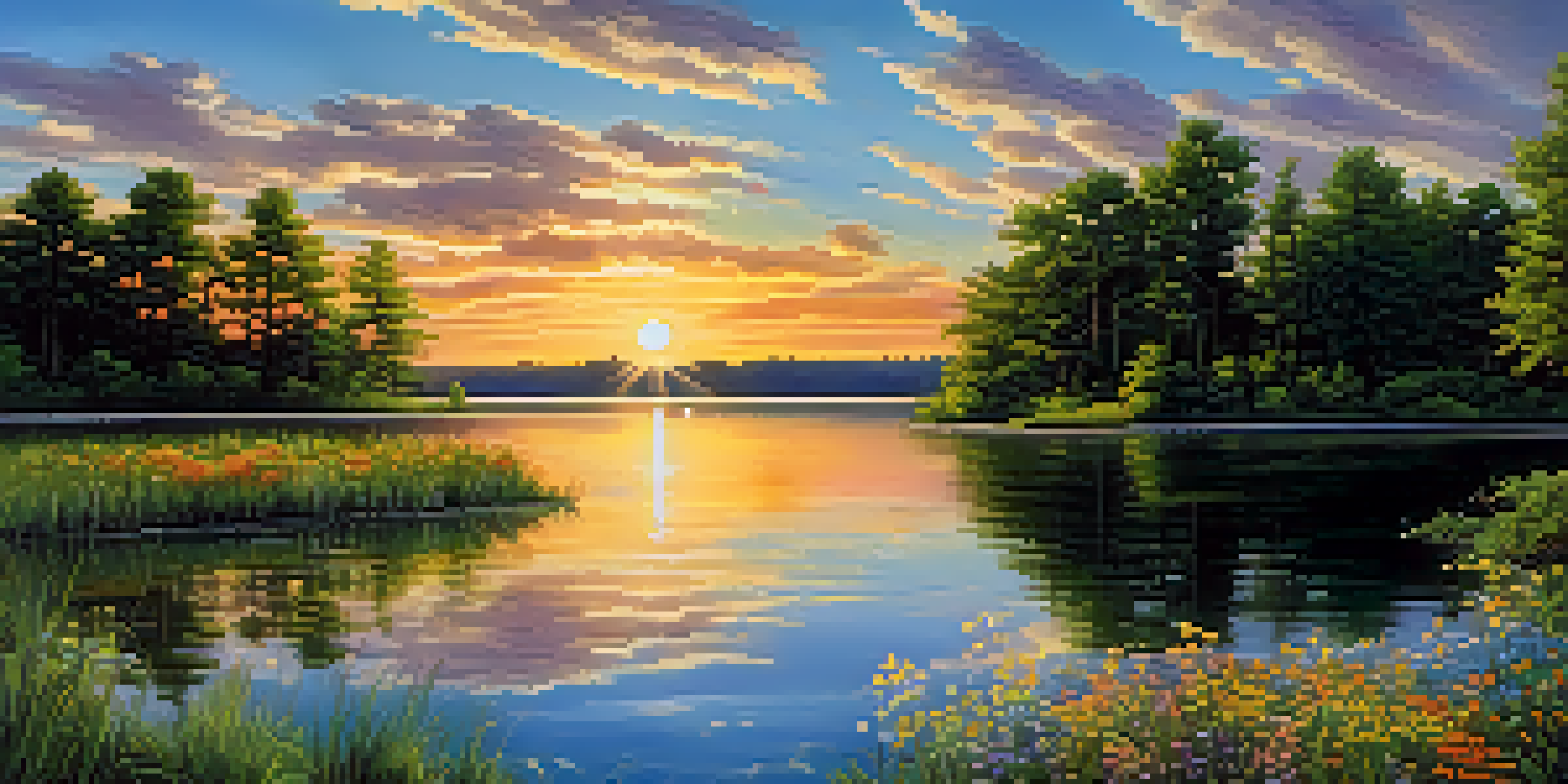 A peaceful lake scene with trees and wildflowers at sunset, reflecting the sky's colors on the water.