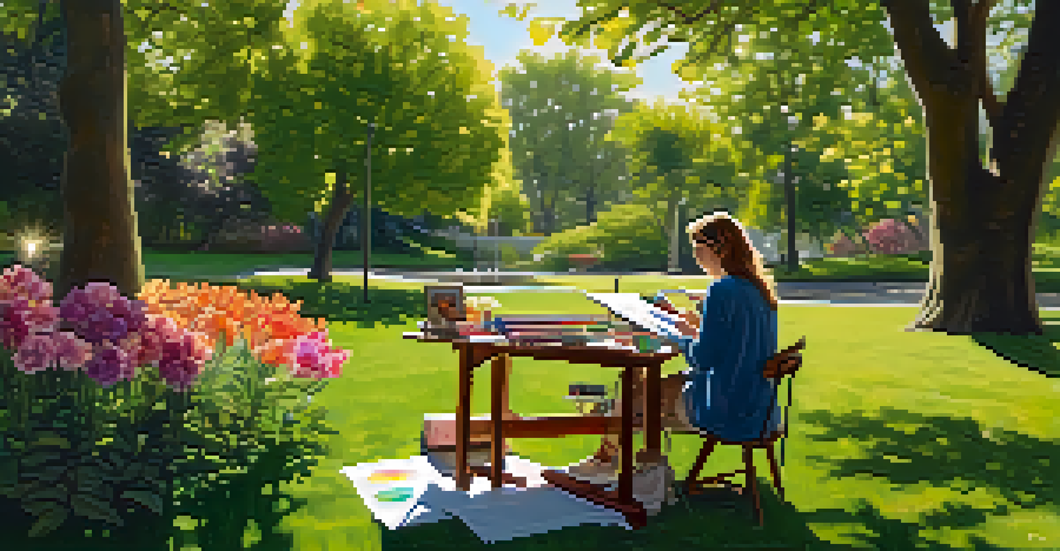 An artist sketching in a park surrounded by nature and art supplies.