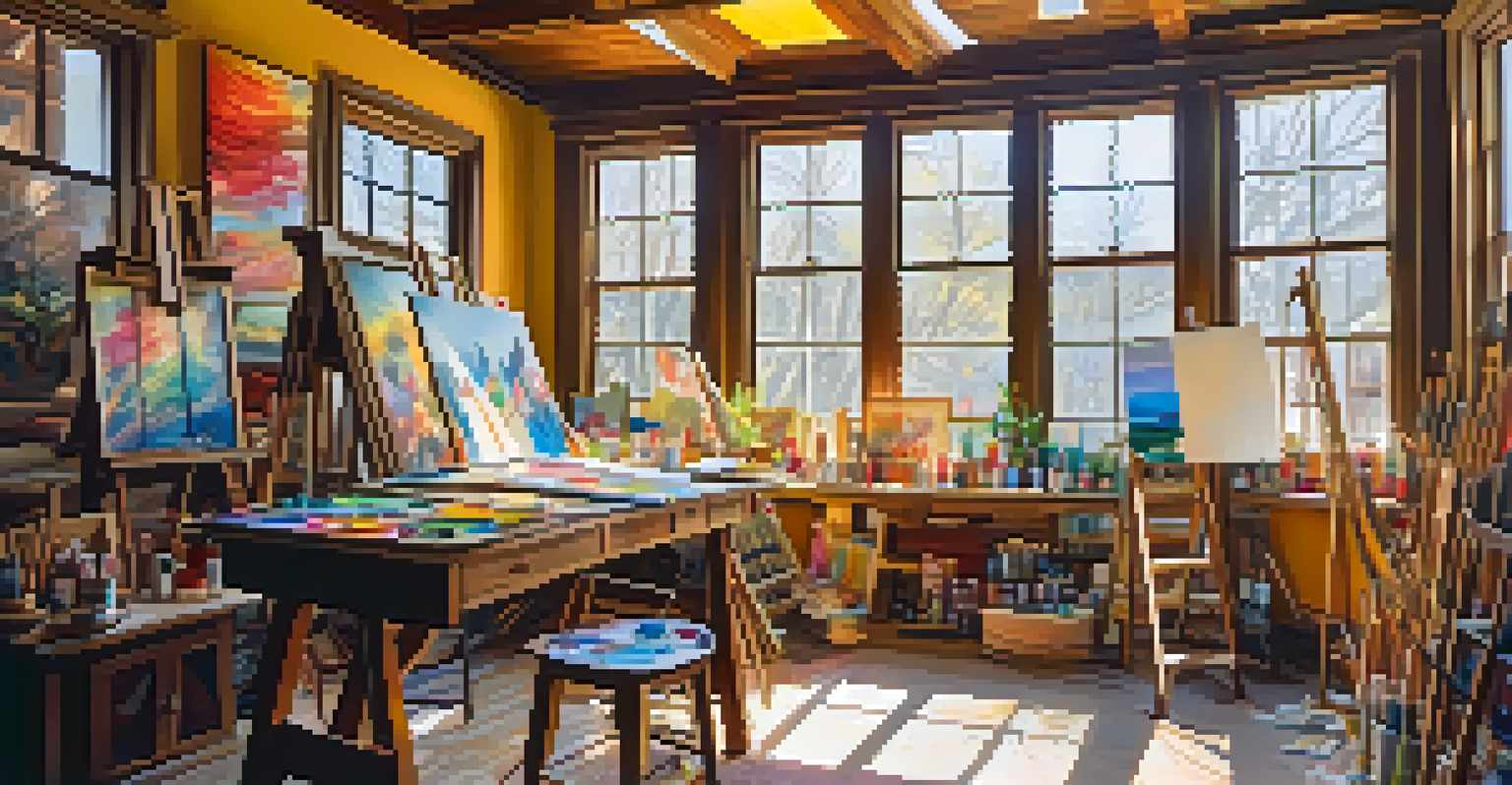 An art studio with canvases, brushes, and sunlight streaming through windows.
