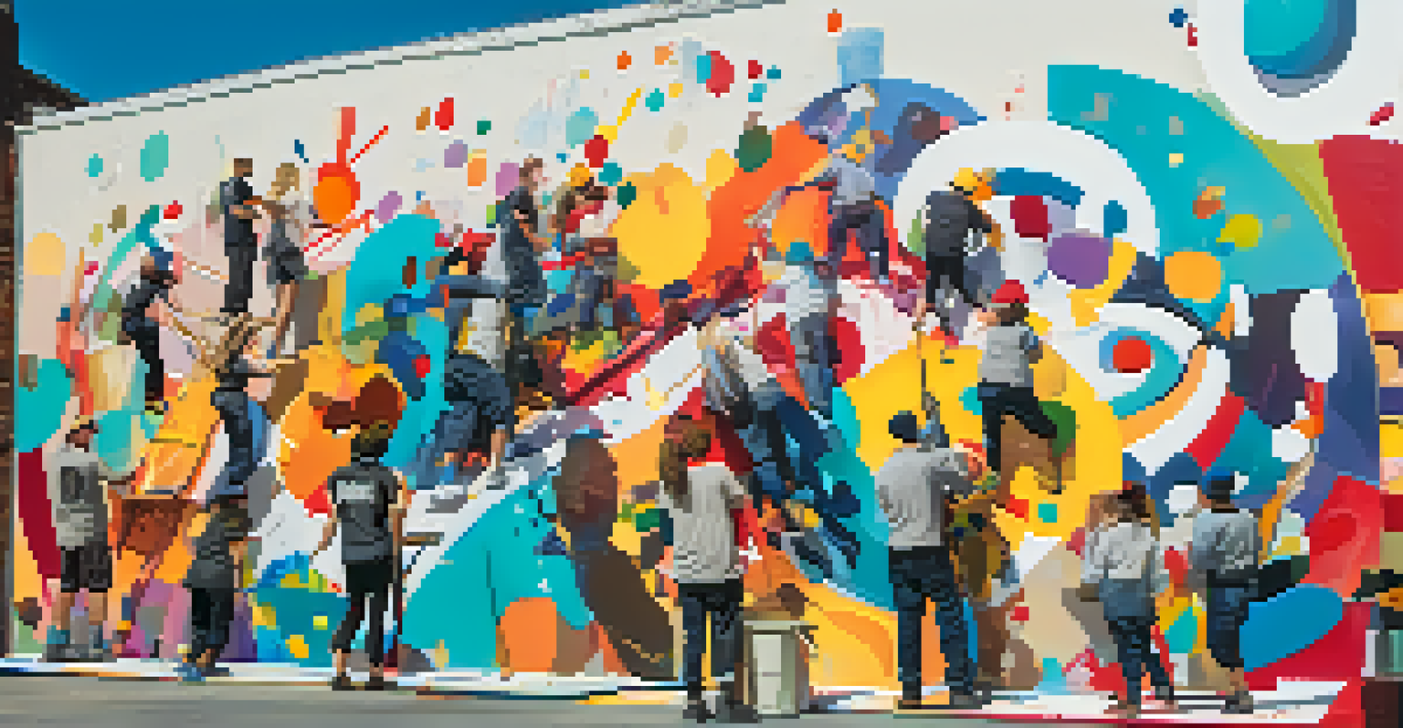 Community members and artists collaborating on a vibrant mural, showcasing abstract designs and lively colors in a bright setting.