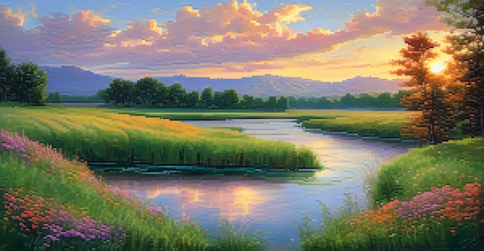 A picturesque landscape with a winding river, green meadow, and colorful wildflowers under a sunset sky.