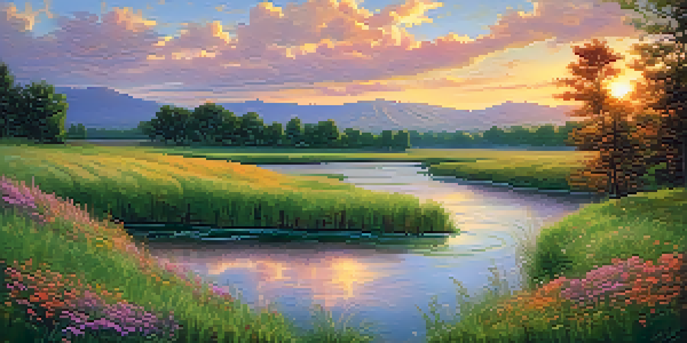 A picturesque landscape with a winding river, green meadow, and colorful wildflowers under a sunset sky.