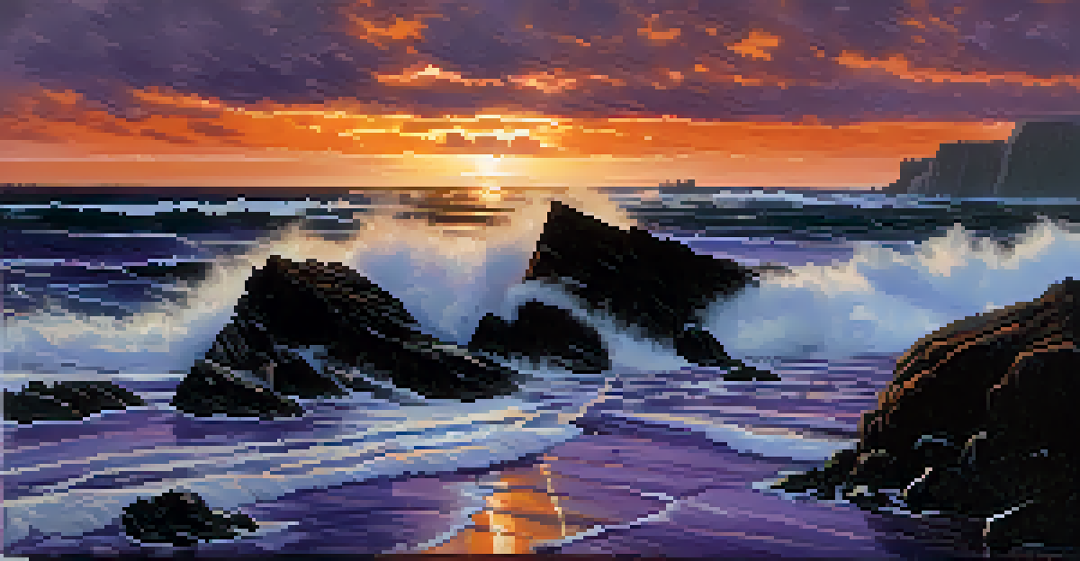 A vibrant sunset over a rugged coastline with dark rocky cliffs and crashing waves, featuring bright oranges and purples in the sky.