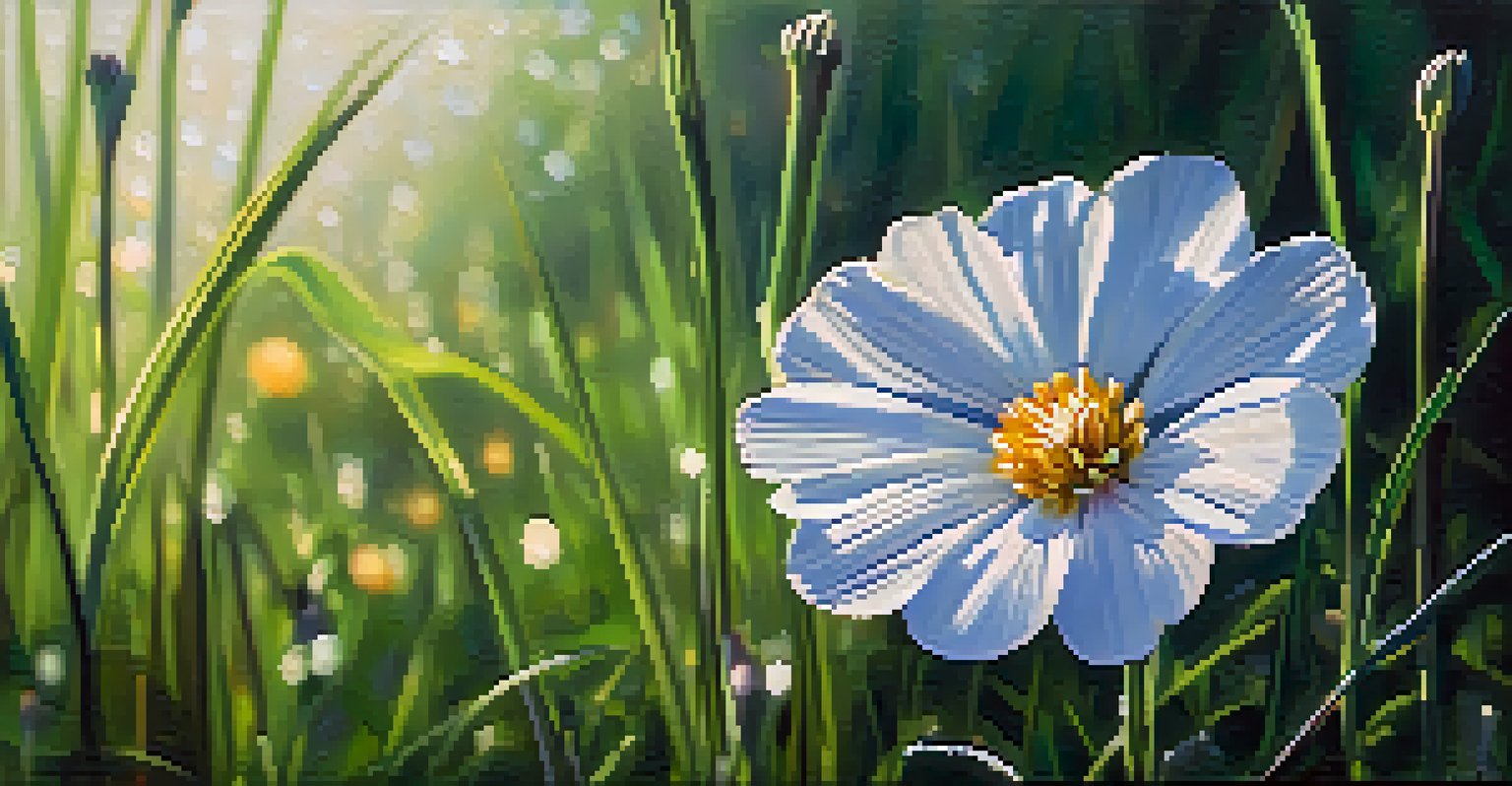 A close-up of a blooming wildflower with dew drops, set against a soft-focus background of green grass.
