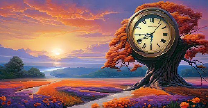 A surreal landscape with a melting clock draped over a tree, vibrant sunset in the background, and colorful flowers in the foreground.