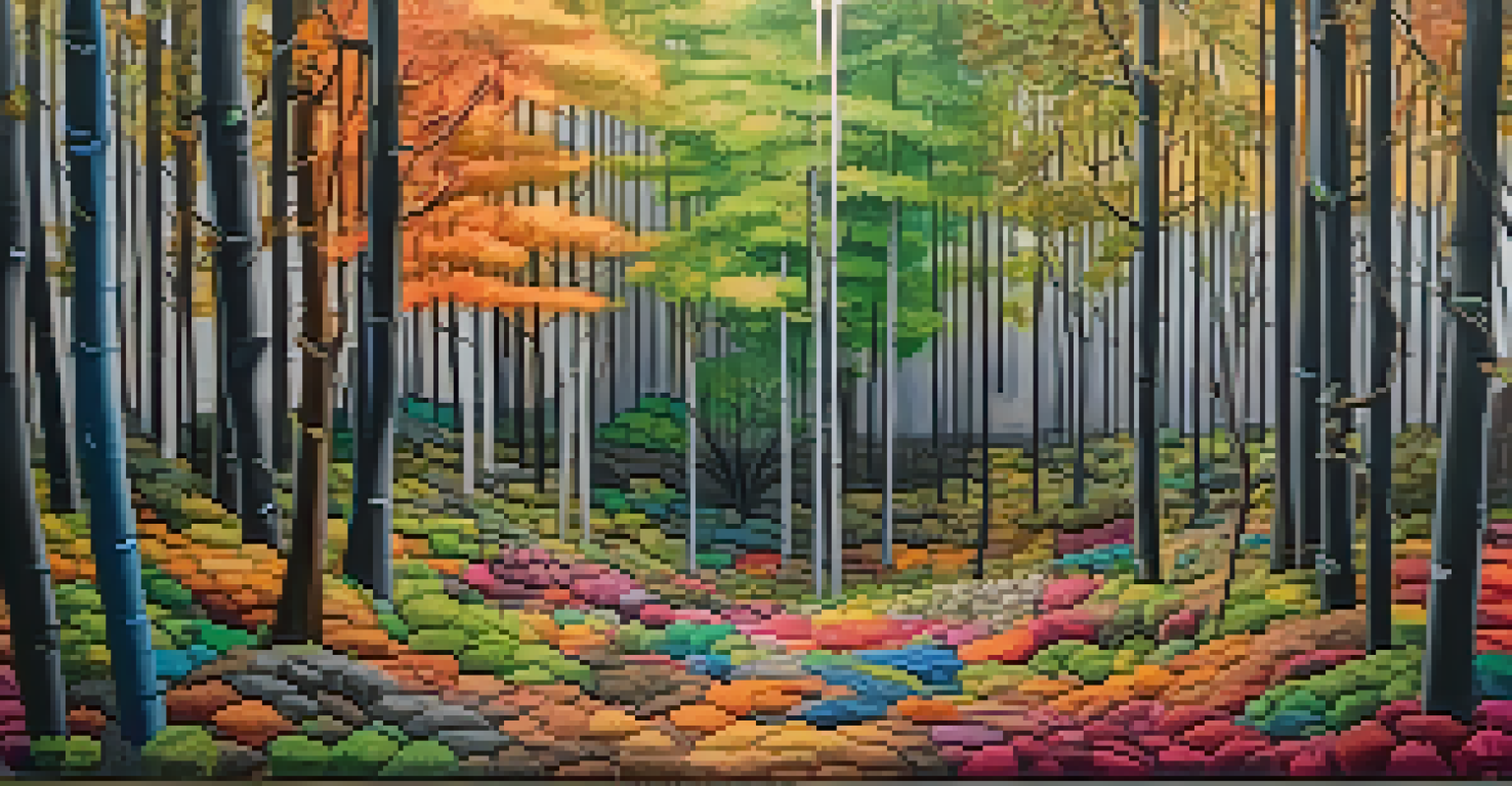 An art installation made from recycled materials depicting a colorful forest environment.